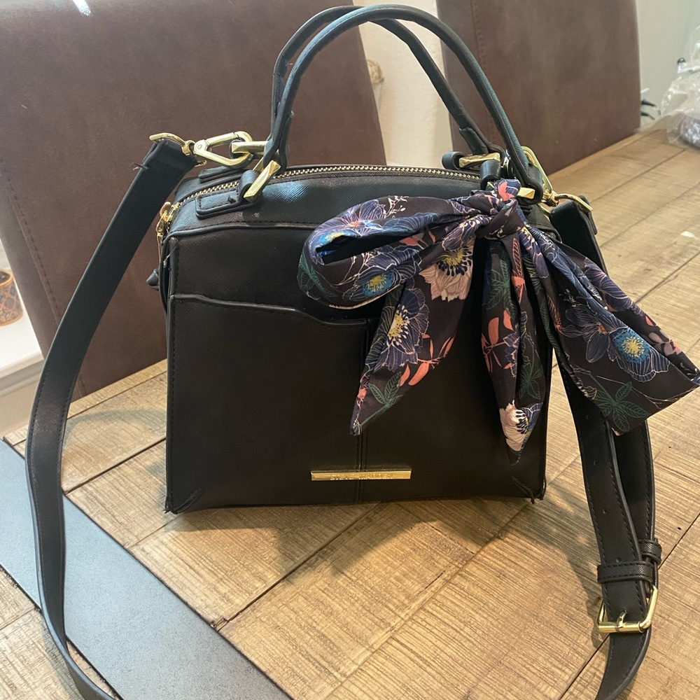Steve Madden Black Crossbody Bag with colorful scarf